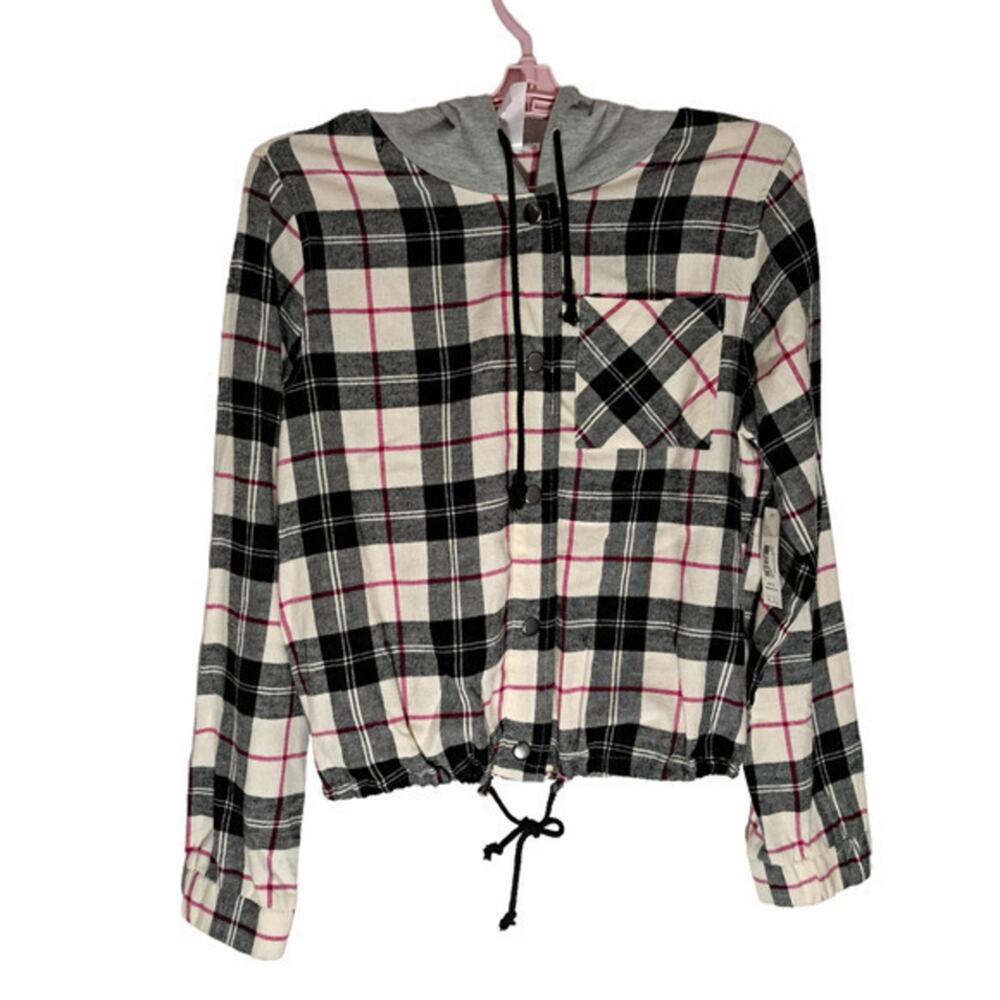 No Boundaries Hoodie Button Front Jackets Black Plaid Sz M 7-9 100% Polyester